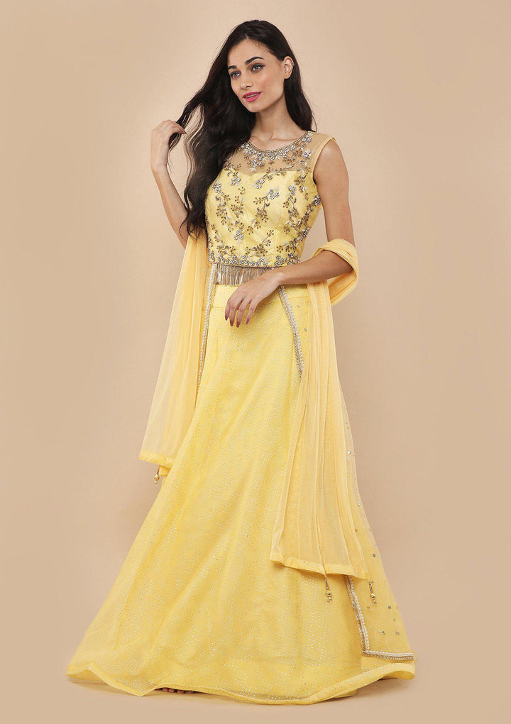 Melon Yellow Stone Work Silk Designer Lehenga-Koskii