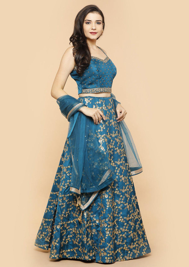 KOSKII PEACOCK GREEN SEQUINED LEHENGA-Koskii