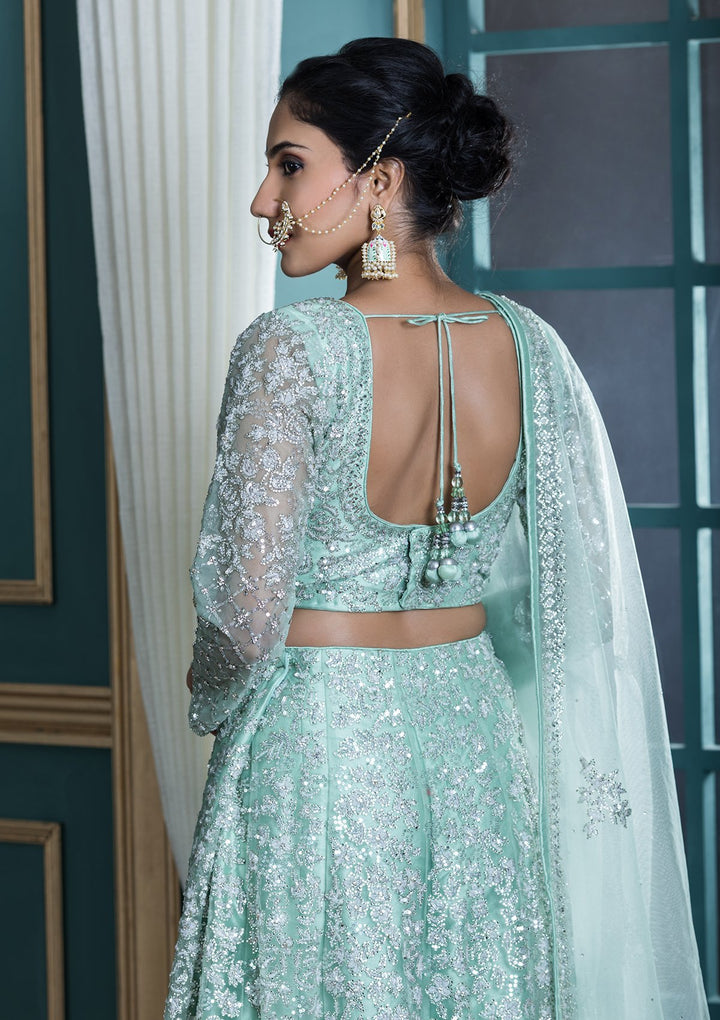 Pista Green Sequinned Net Designer Lehenga-Koskii
