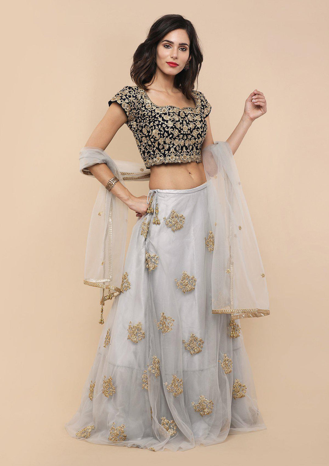Grey Thread Work Velvet Designer Lehenga-Koskii