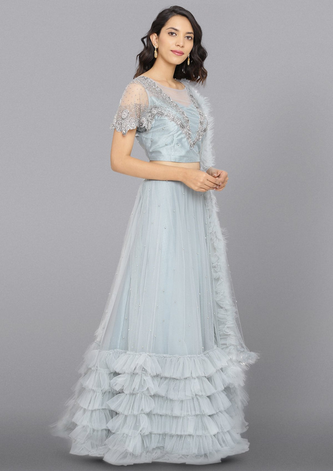 Light Grey Cutdana Net Designer Lehenga-Koskii