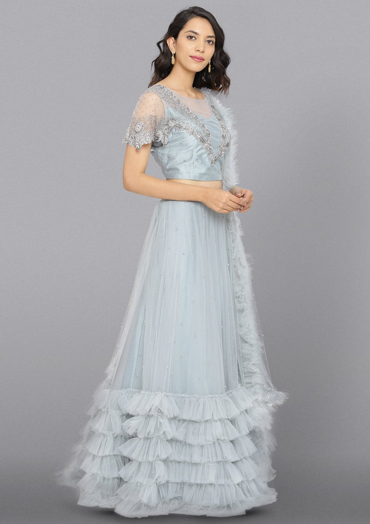 Light Grey Cutdana Net Designer Lehenga-Koskii
