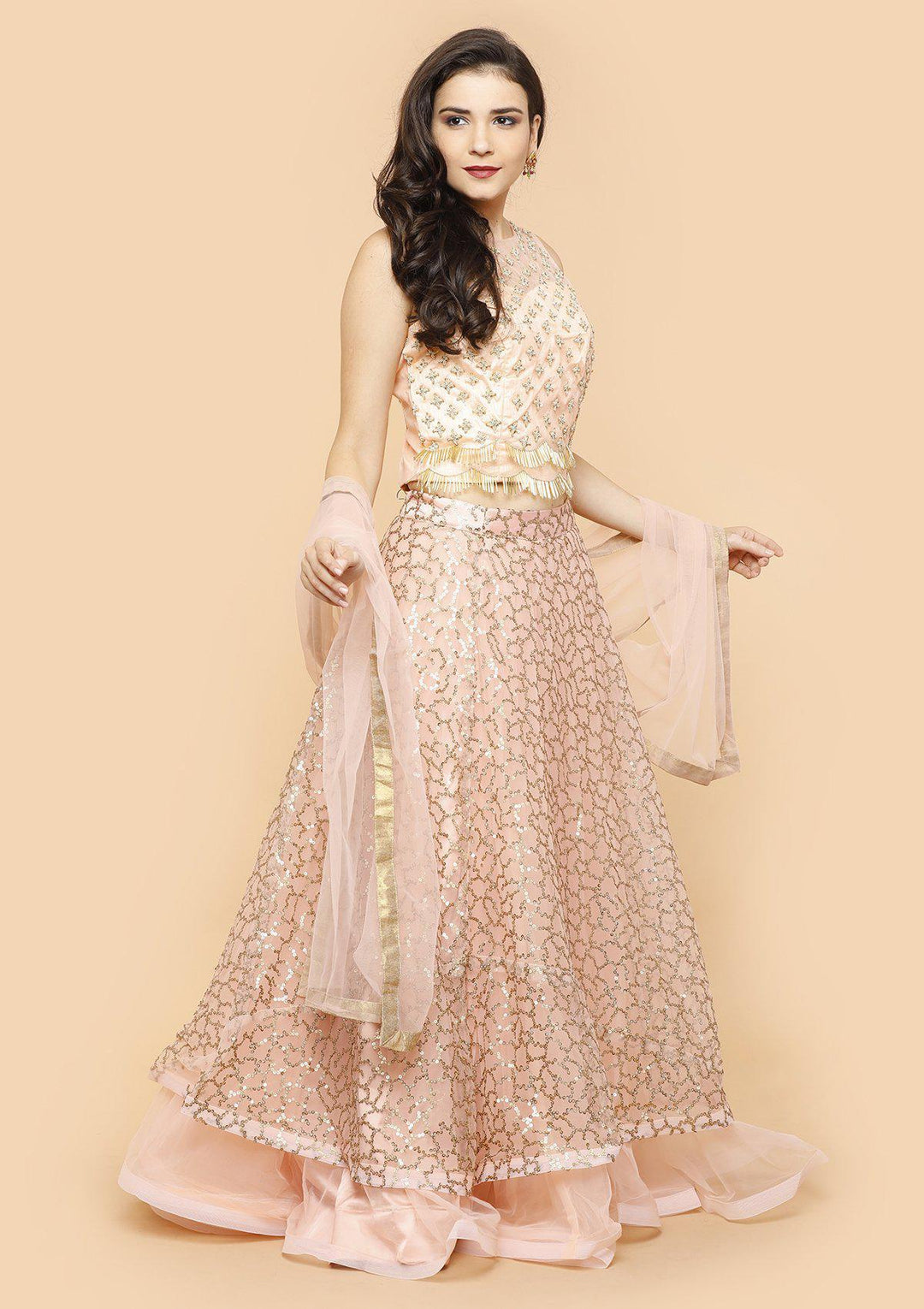 Koskii Soft Peach Sequinned Lehenga-Koskii