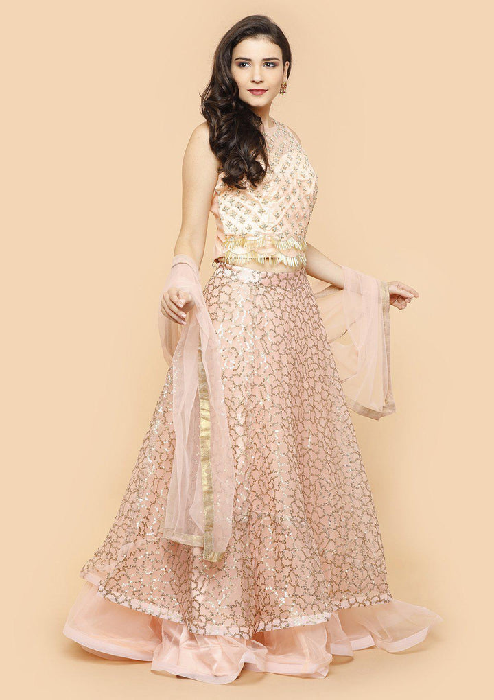 Koskii Soft Peach Sequinned Lehenga-Koskii