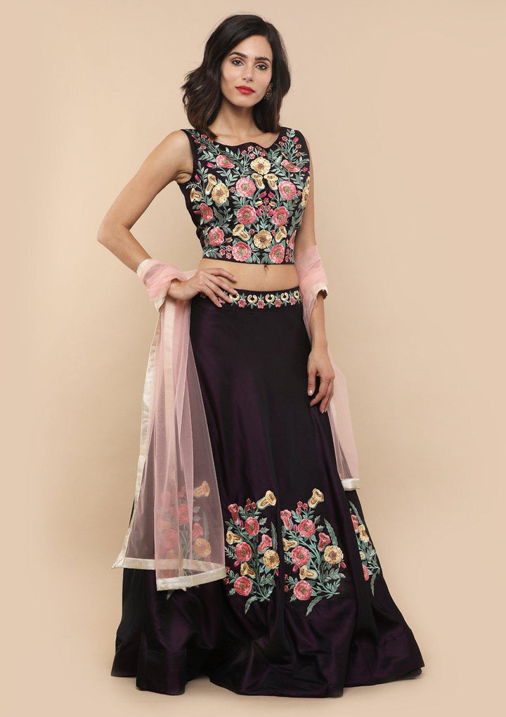 Wine Floral Stone Work Silk Designer Lehenga-Koskii