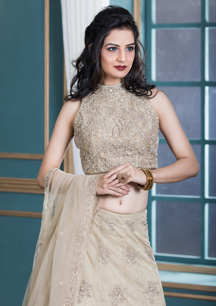 Beige Sequinned Net Designer Lehenga-Koskii