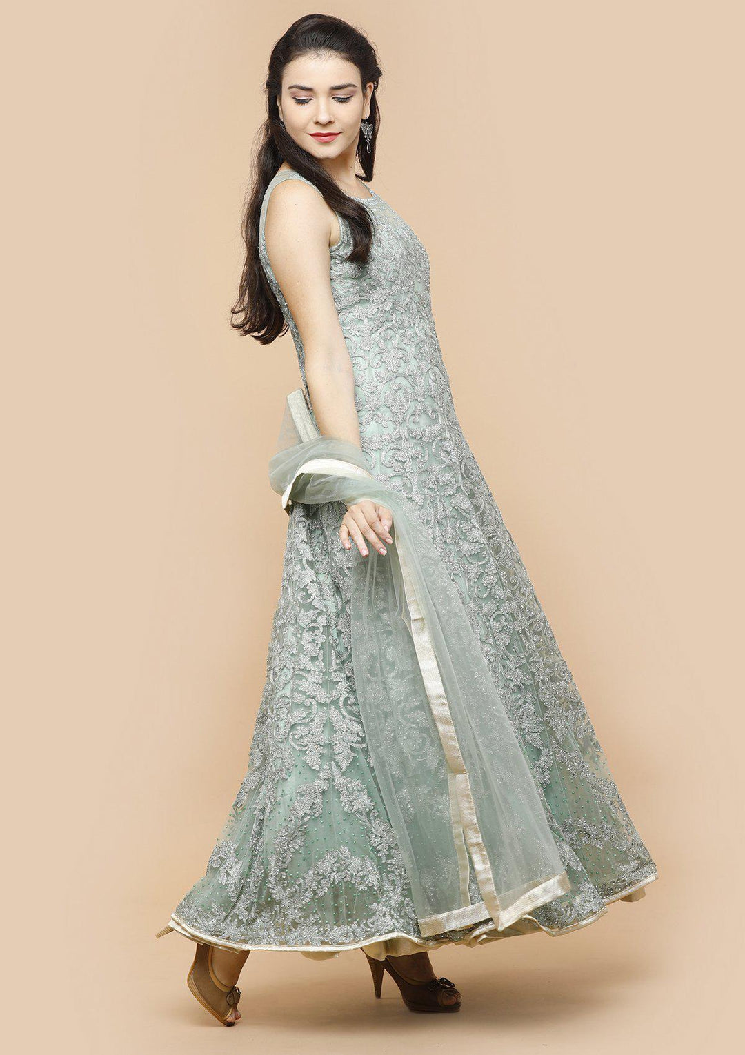 Teal Green Threadwork Net Designer Gown-Koskii