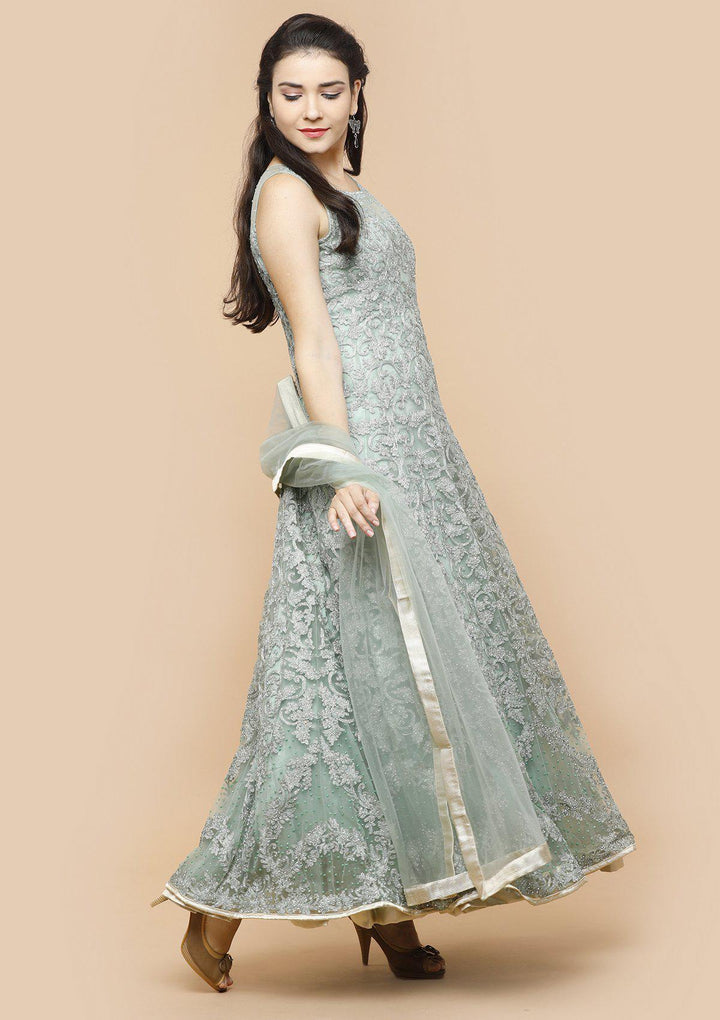 Teal Green Threadwork Net Designer Gown-Koskii