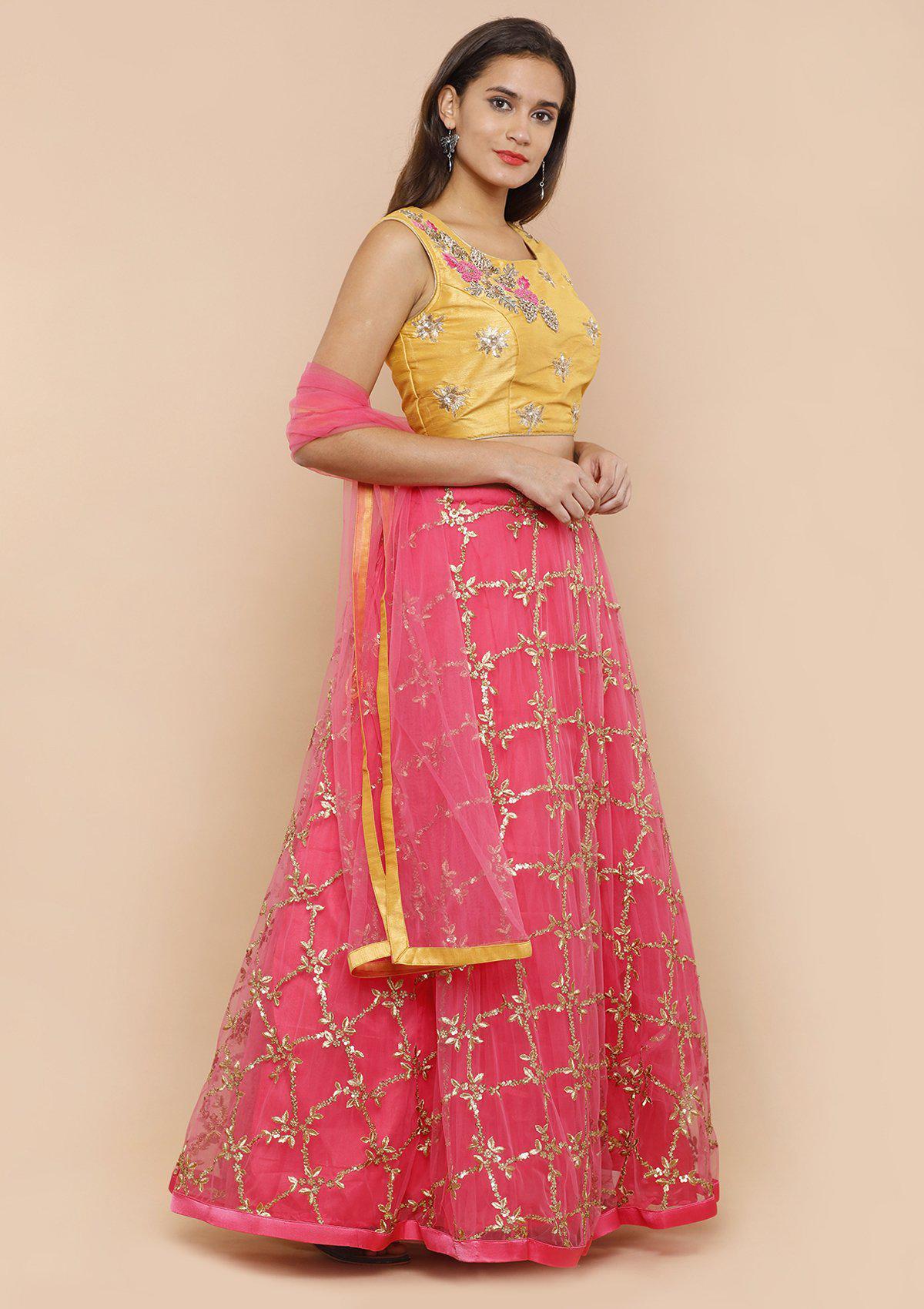 Yellow and Pink Sequinned Net Designer Lehenga-Koskii