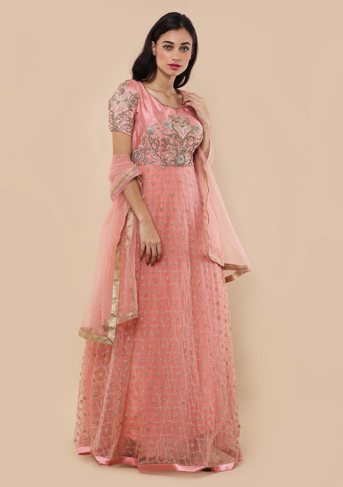 Pink Stone Work Silk Designer Gown-Koskii