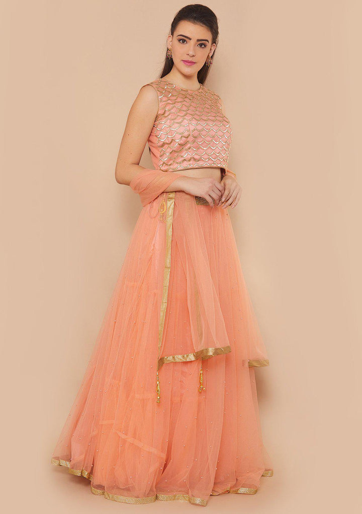 Peach Cutdana Soft-Net Designer Lehenga-Koskii