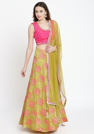 Yellow and Fuschia Mirrorwork Brocade Designer Lehenga-Koskii