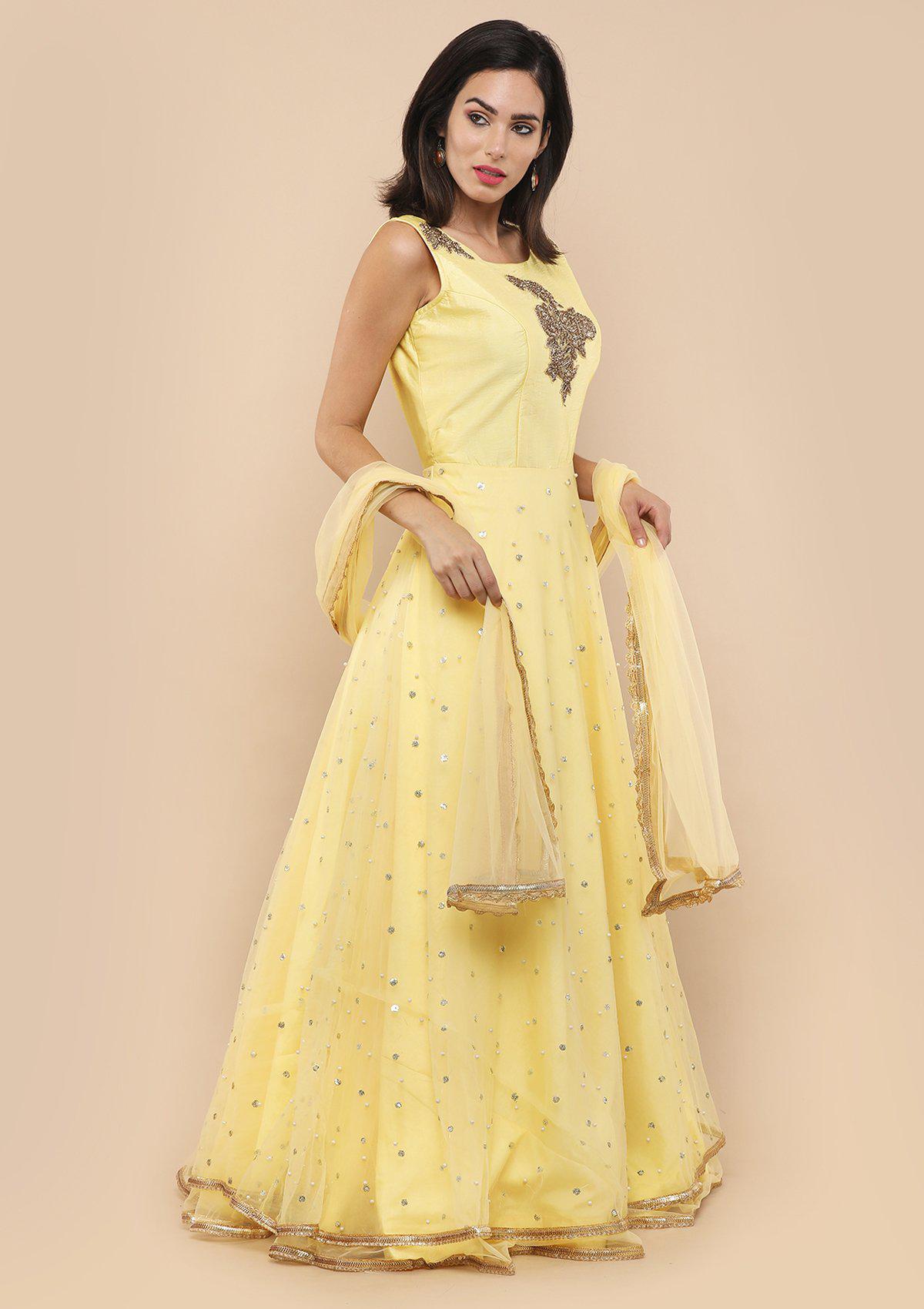 Yellow Zardozi Floral Motif Designer Gown-Koskii