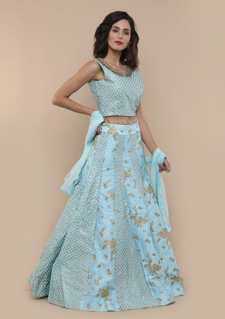 Blue Sequinned Raw Silk Designer Lehenga-Koskii