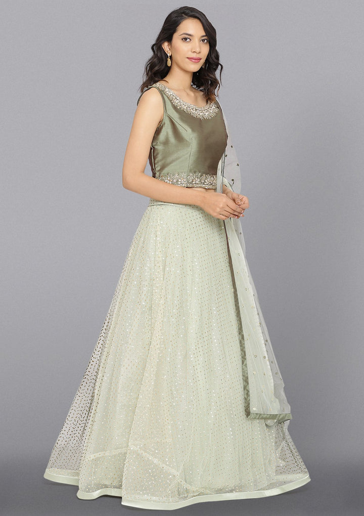 Pista Green Stonework Net Designer Lehenga-Koskii