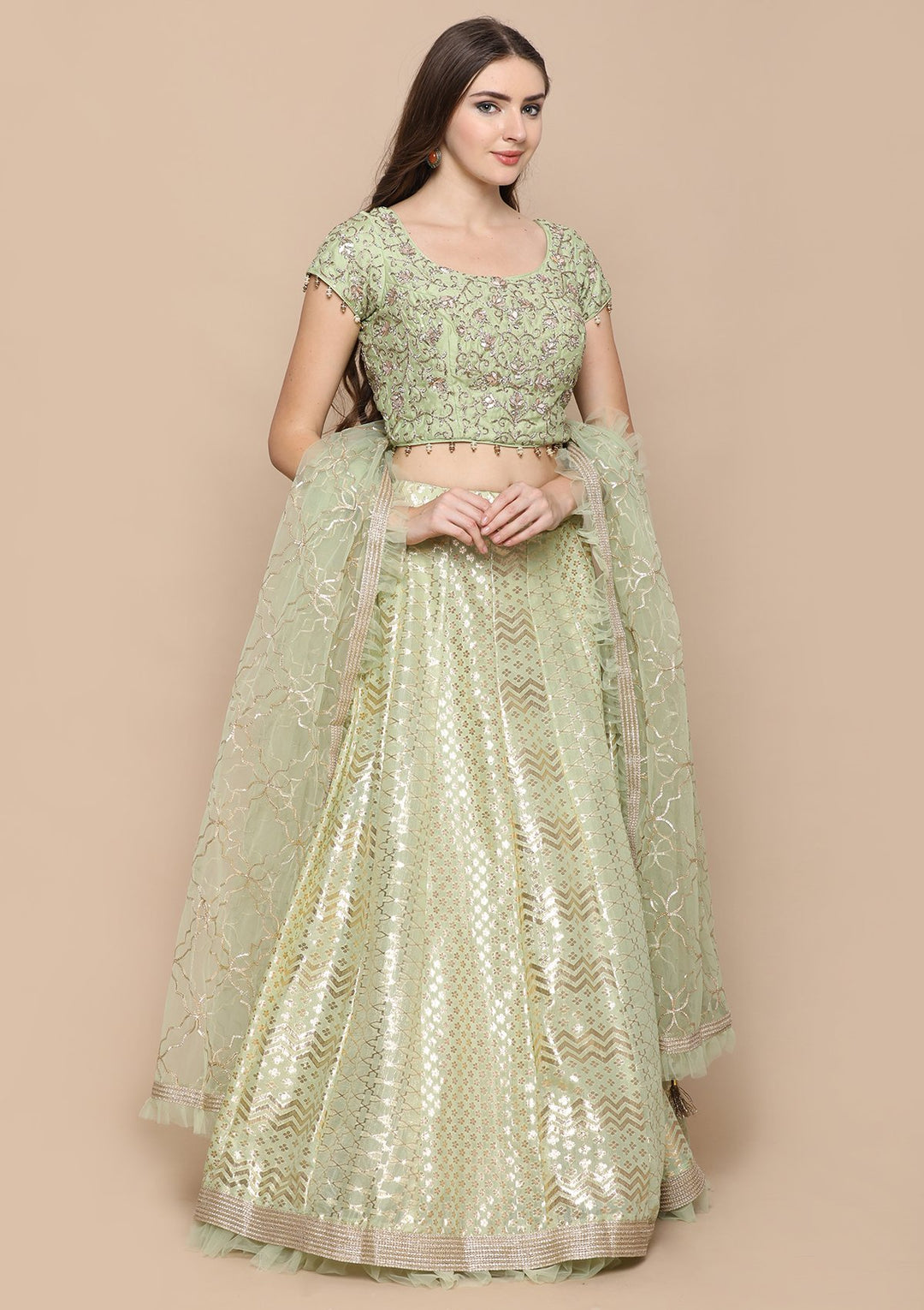 Pista Green Gotta Pathi Silk Designer Lehenga-Koskii