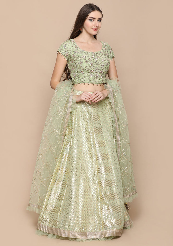 Pista Green Gotta Pathi Silk Designer Lehenga-Koskii