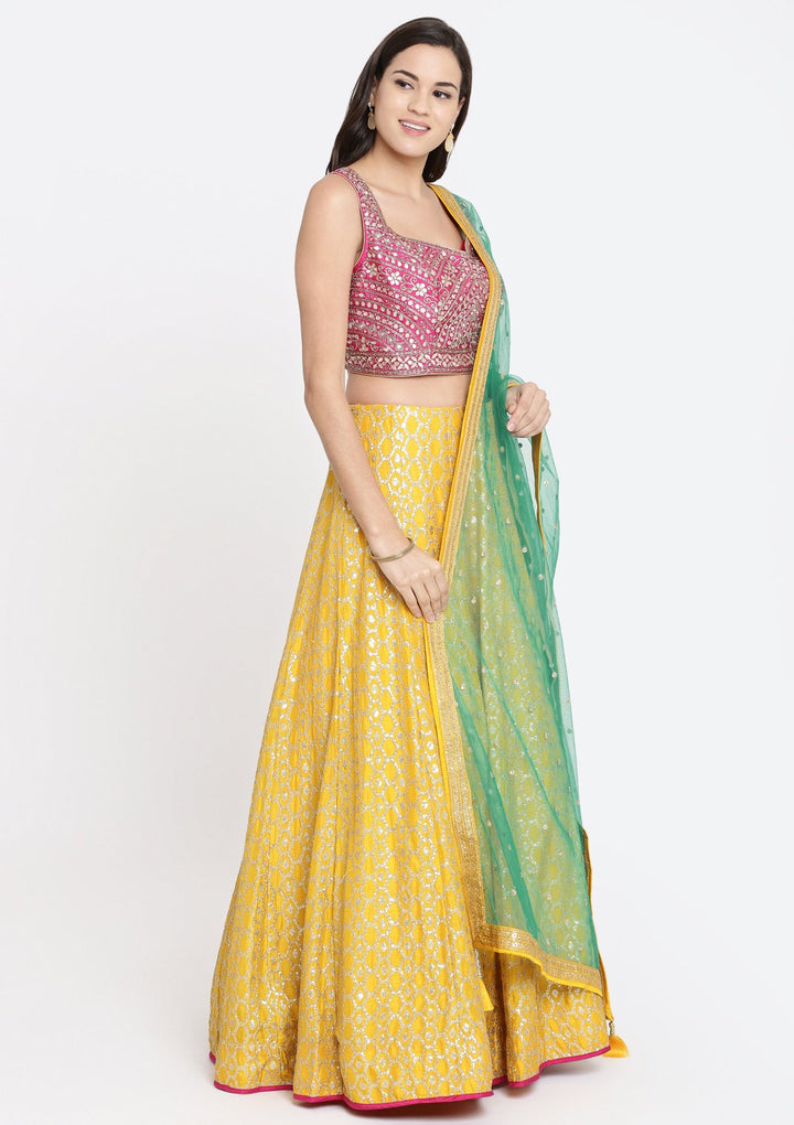 Yellow Gotapatti Raw Silk Designer Lehenga-Koskii