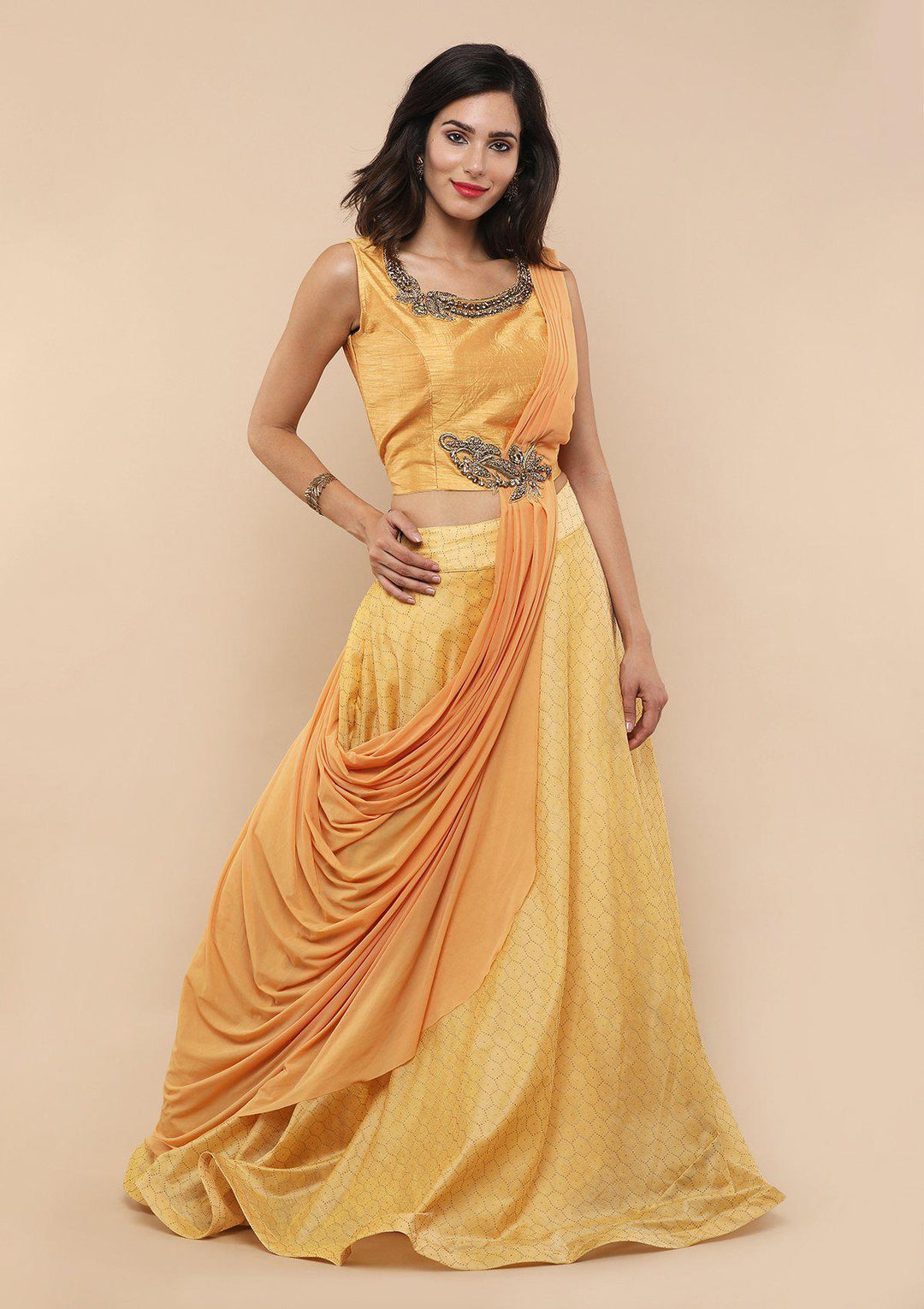 KOSKII YELLOW RAW SILK DRAPE LEHENGA-Koskii