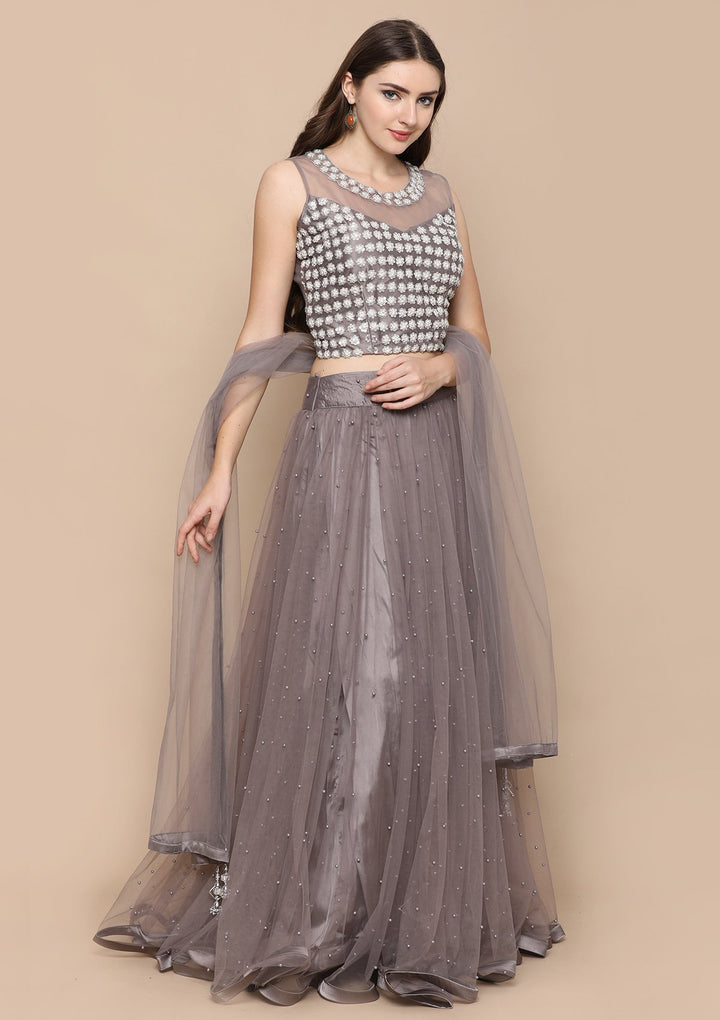 Dark Grey Pearl Embellished Satin Silk Designer Lehenga-Koskii