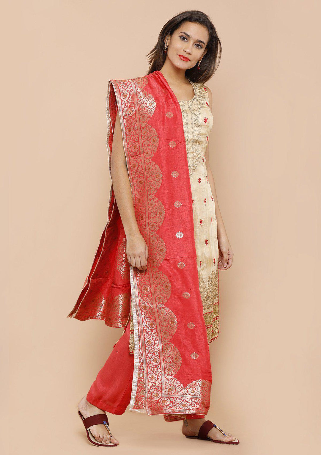 Beige and Red Silk Designer Salwar Suit-Koskii