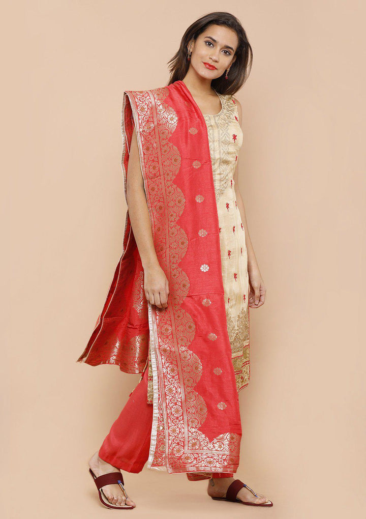 Beige and Red Silk Designer Salwar Suit-Koskii