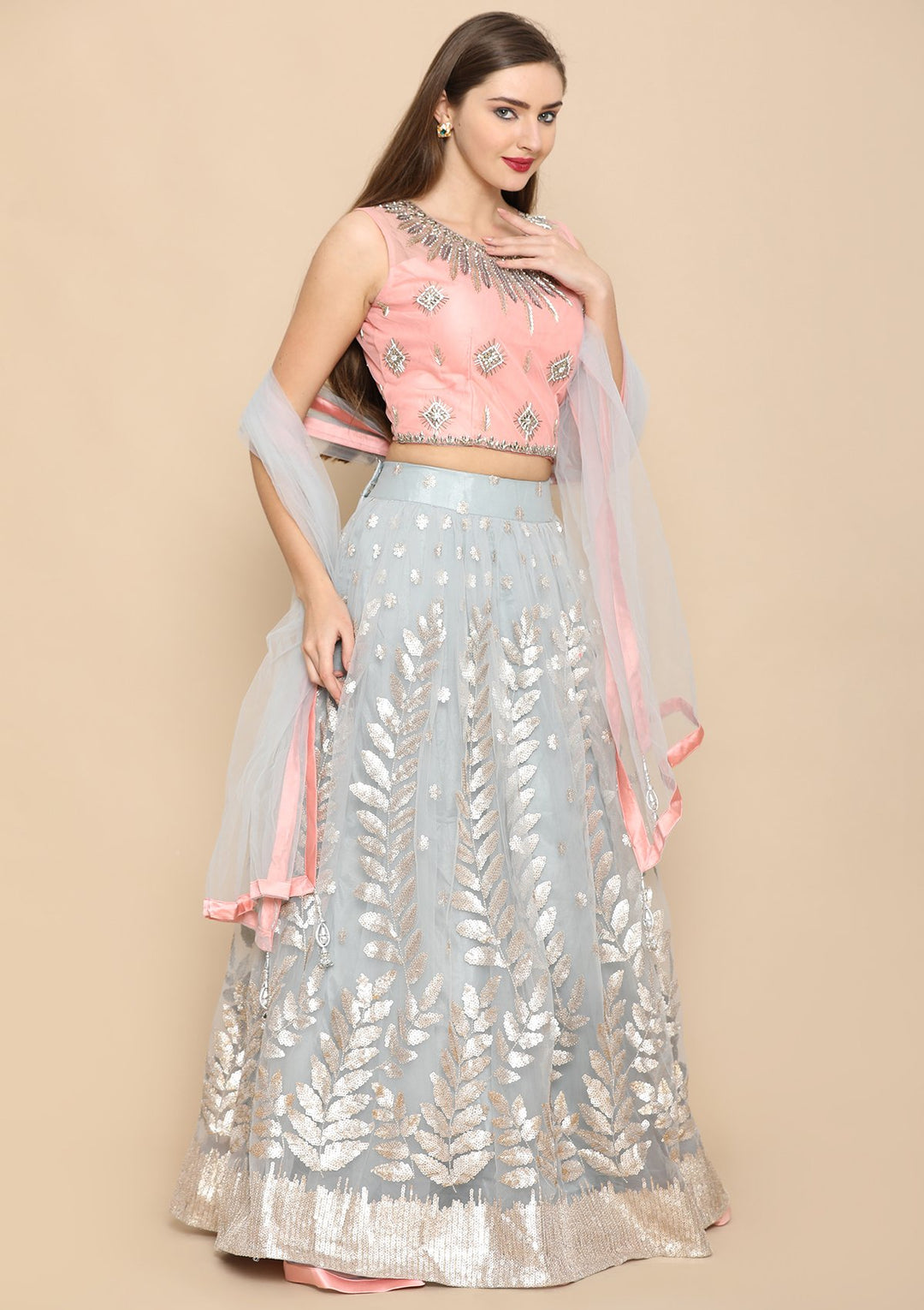 Grey Stone Work Satin Designer Lehenga-Koskii