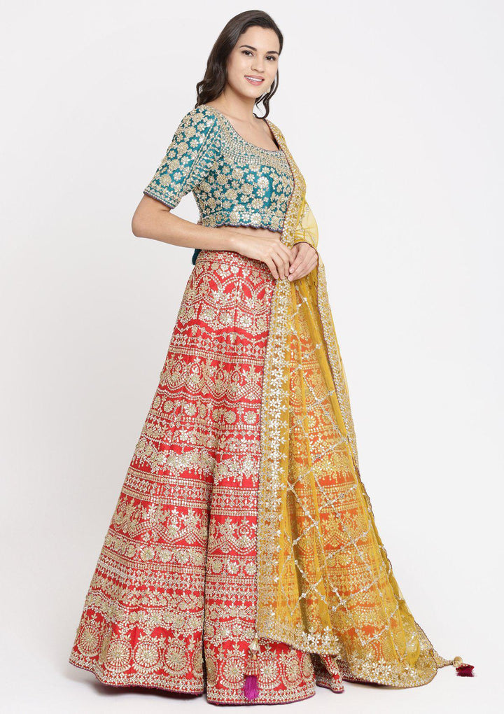Red Gota Patti Raw Silk Designer Lehenga-Koskii