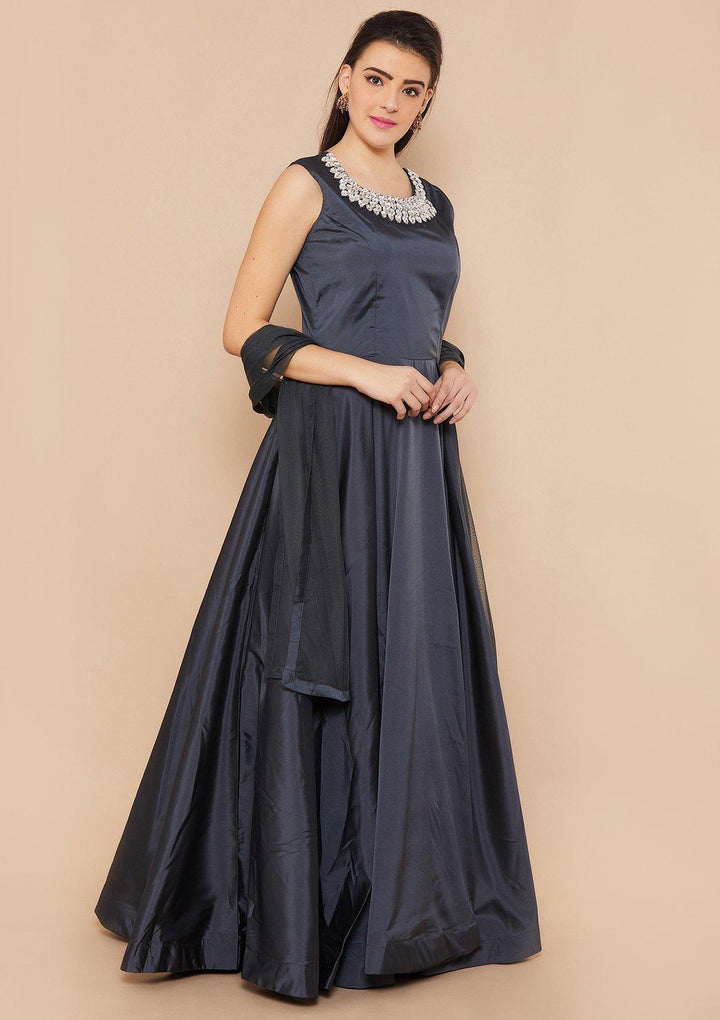 Grey Stonework Taffeta Silk Designer Gown-Koskii