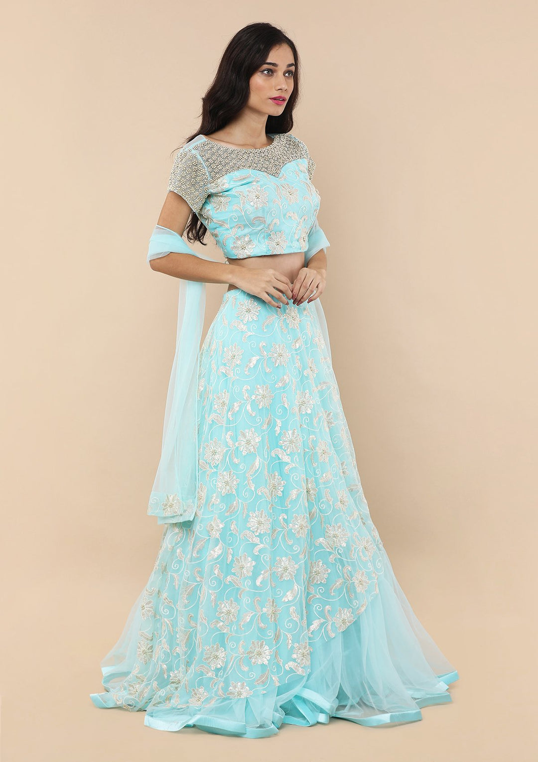 Light Blue Floral Thread Work Designer Lehenga-Koskii
