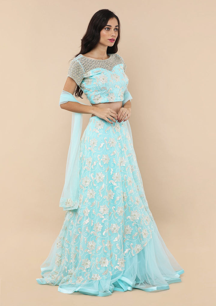 Light Blue Floral Thread Work Designer Lehenga-Koskii