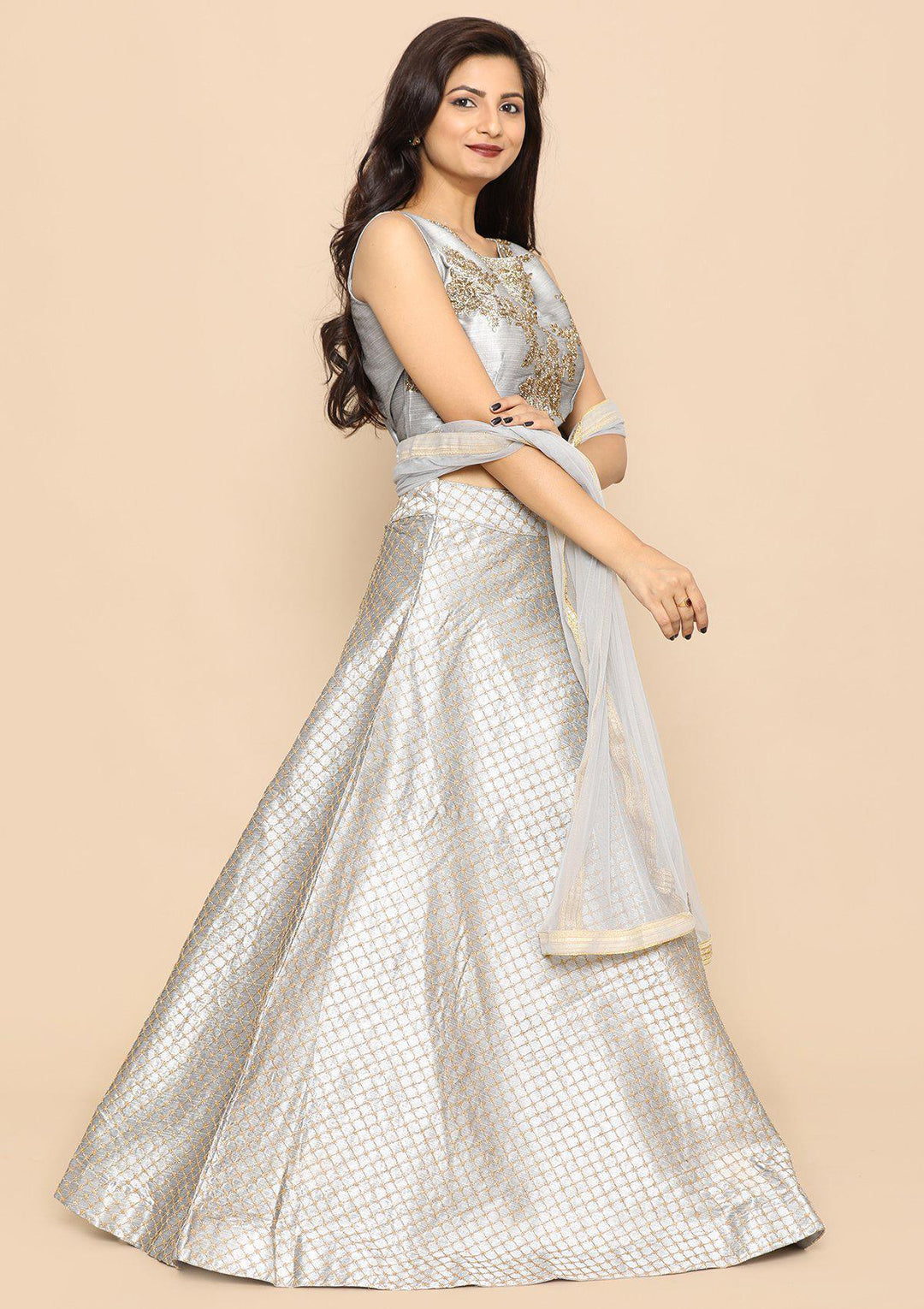 Grey Bead Work Silk Designer Lehenga-Koskii