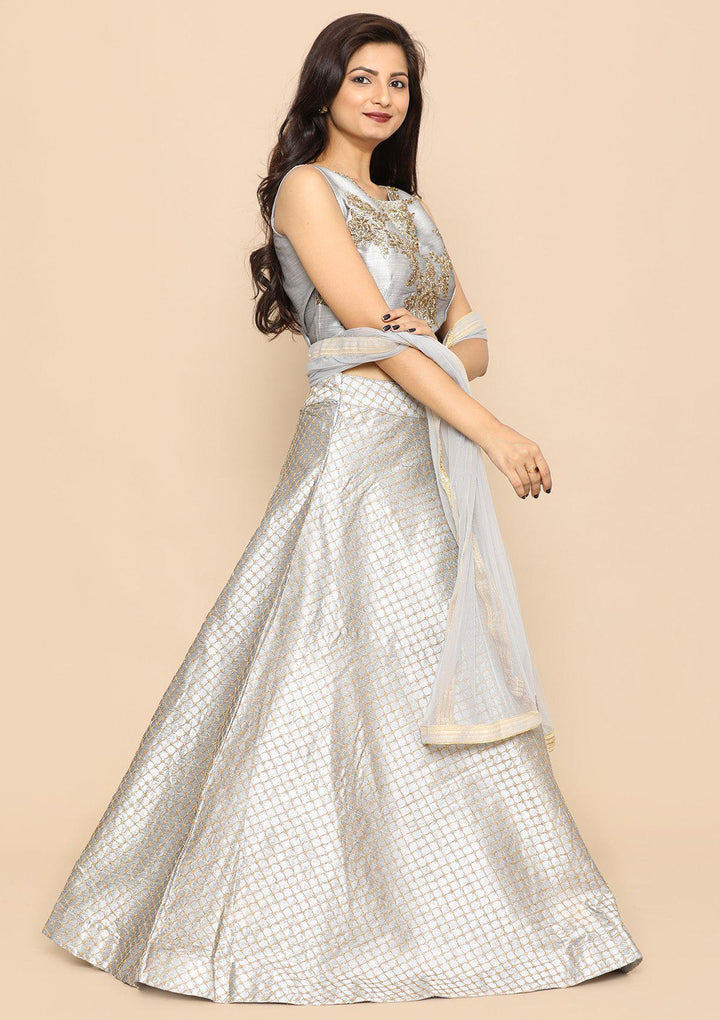 Grey Bead Work Silk Designer Lehenga-Koskii