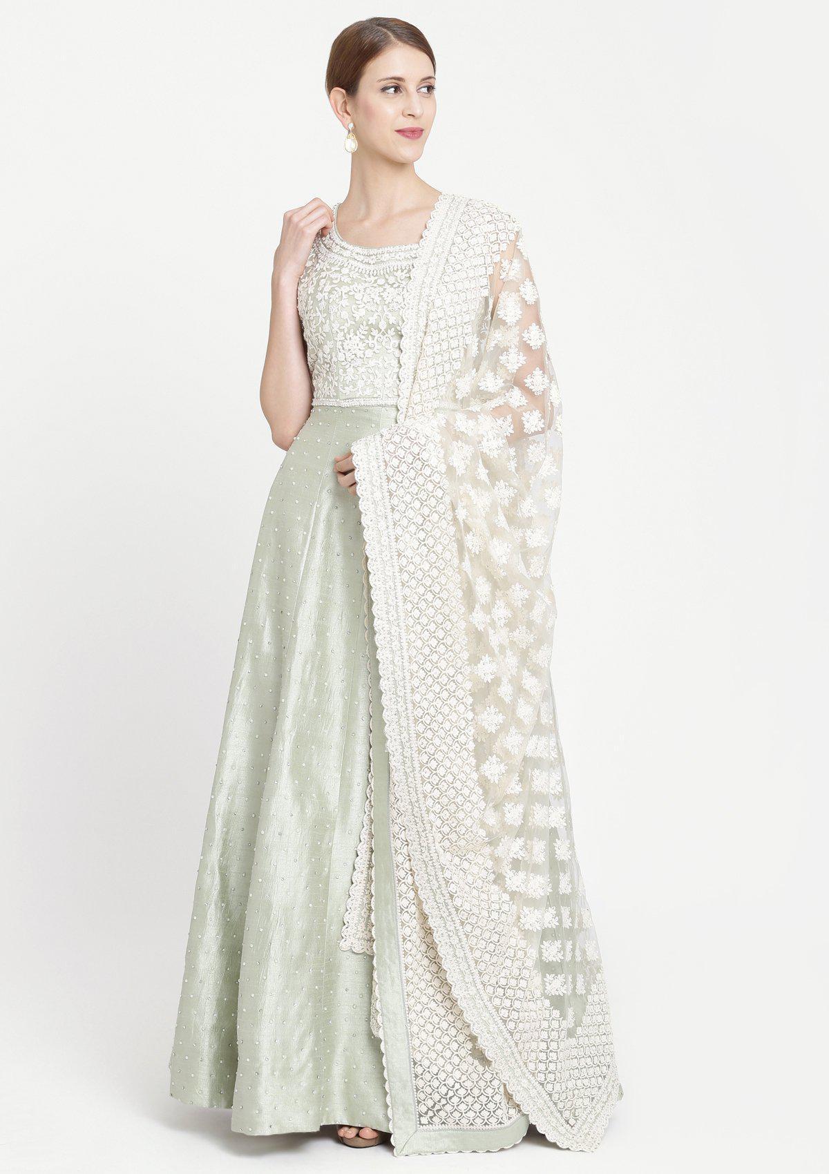Pista Green Threadwork Rawsilk Designer Gown-Koskii