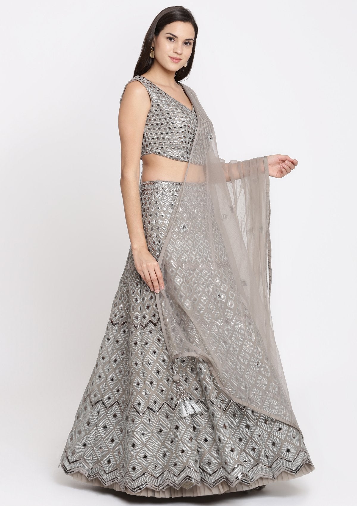 Grey Mirrorwork Tissue Designer Lehenga-Koskii