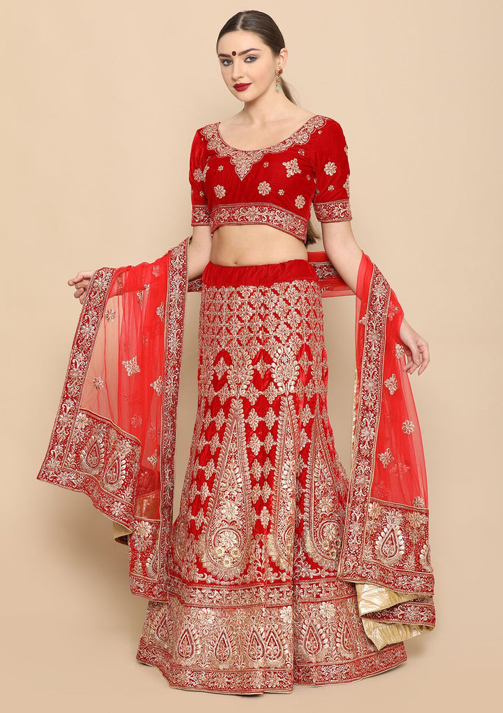 Red Gota Patti Work Velvet Designer Lehenga-Koskii