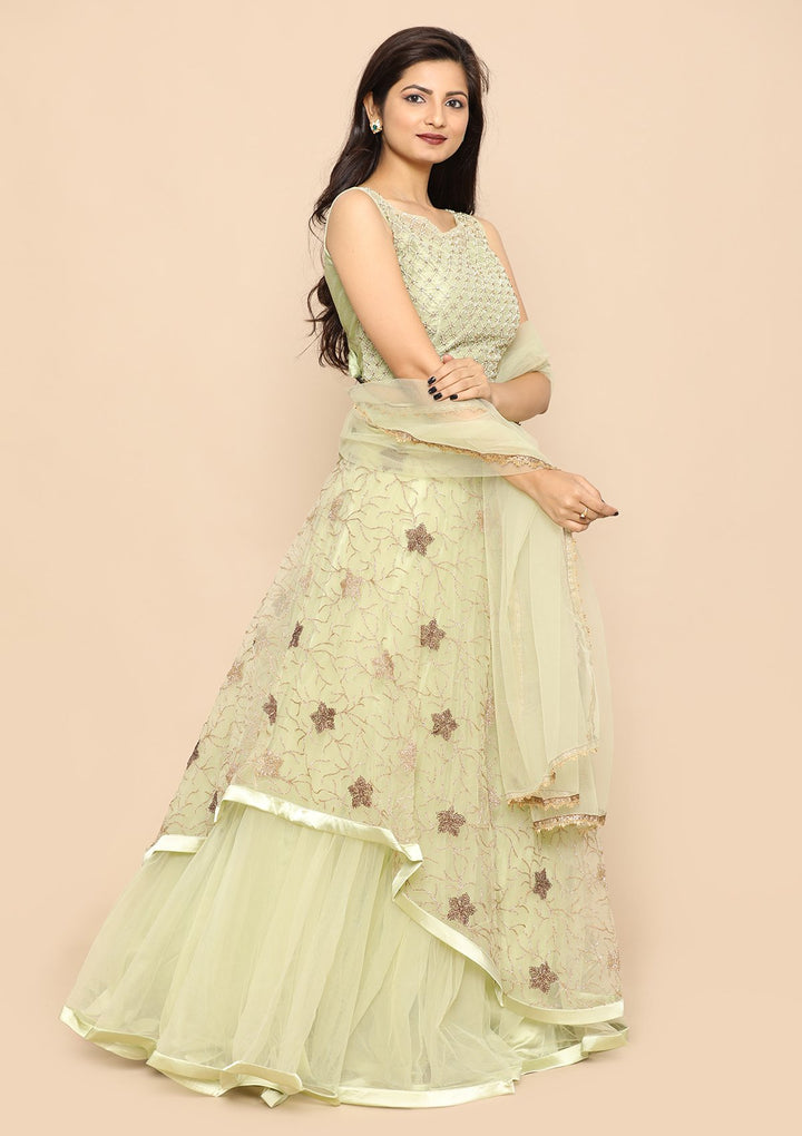 Pista Green Net Designer Lehenga-Koskii
