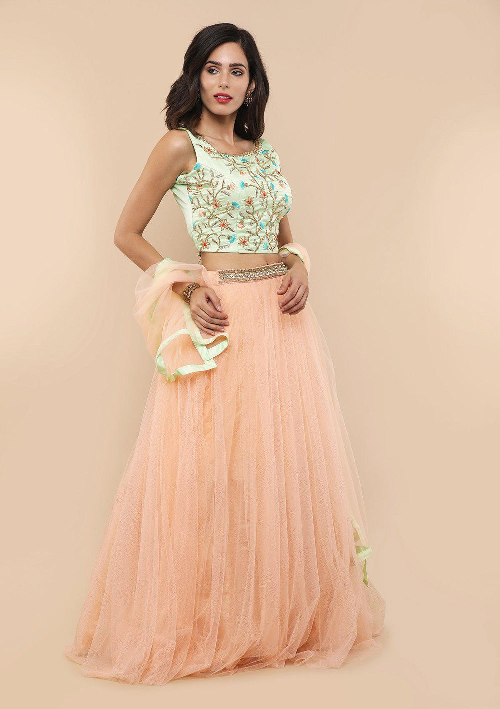 Green and Peach Silk Designer Lehenga-Koskii