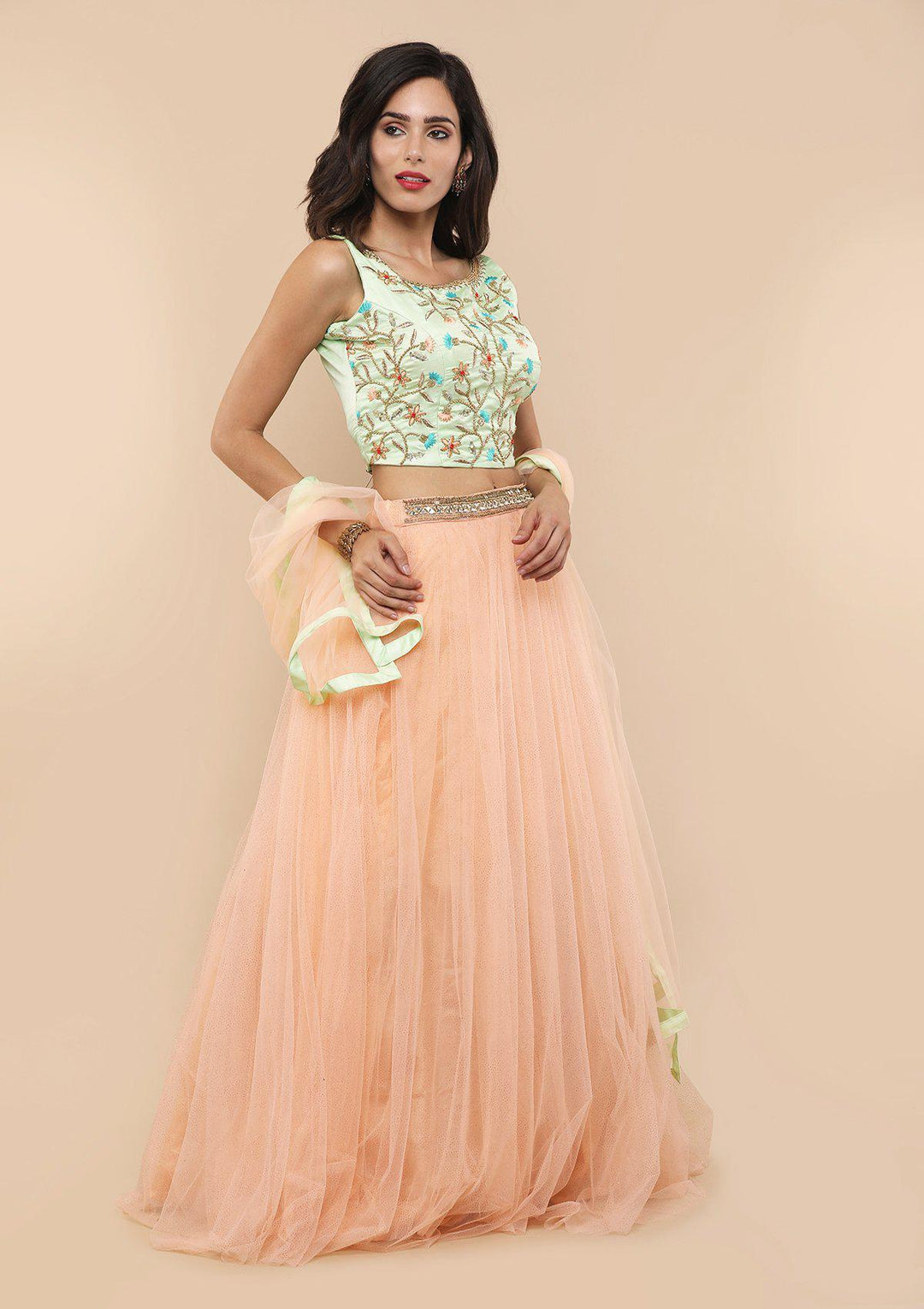 Green and Peach Silk Designer Lehenga-Koskii