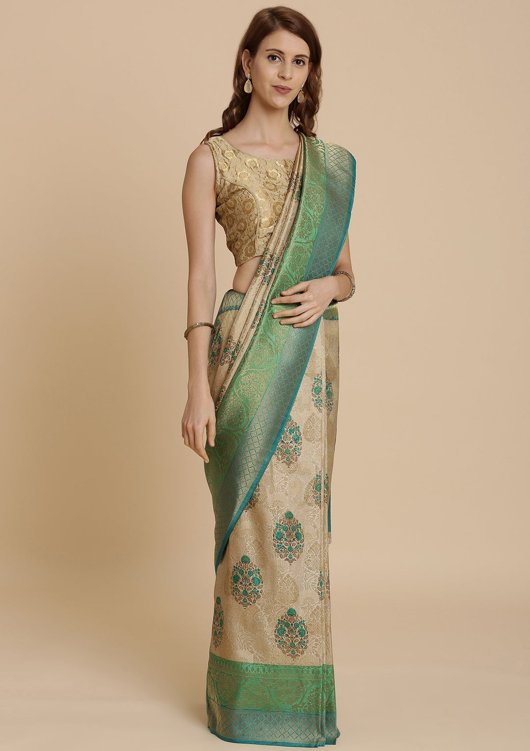 Green and Cream Art Silk Designer Saree-Koskii
