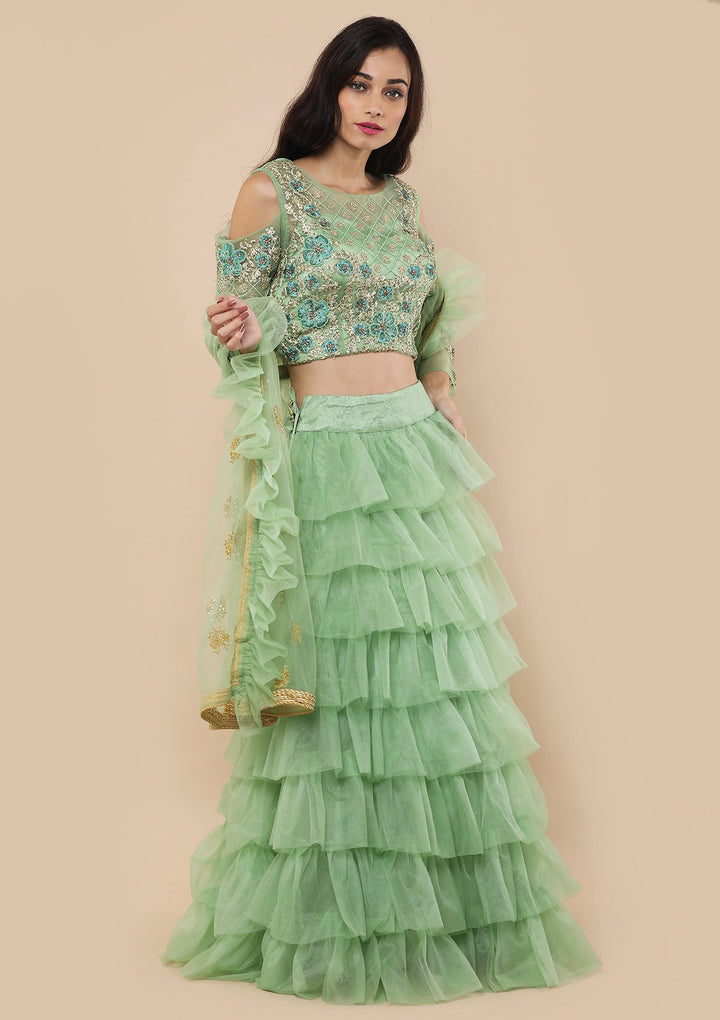 Pista Green Zari Work Net Designer Lehenga-Koskii