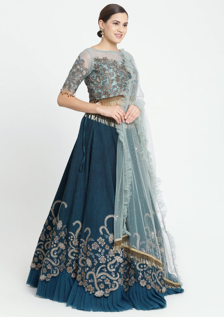 Peacock Blue Zariwork Raw Silk Designer Lehenga-Koskii