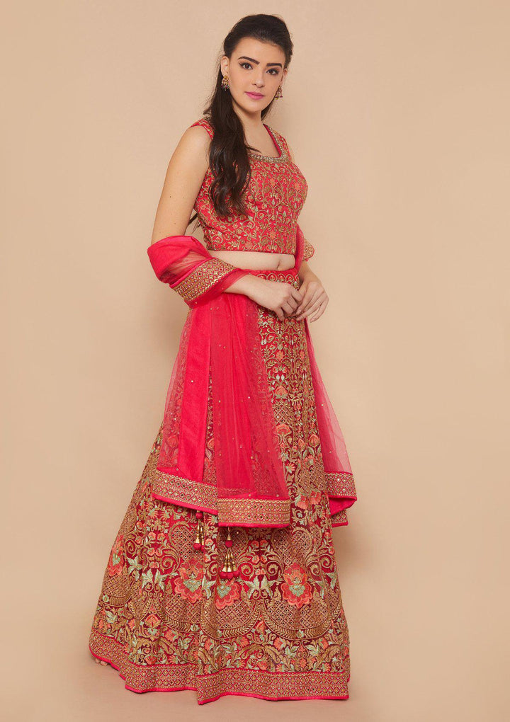 Rani Pink Zari-Work Net Designer Lehenga-Koskii