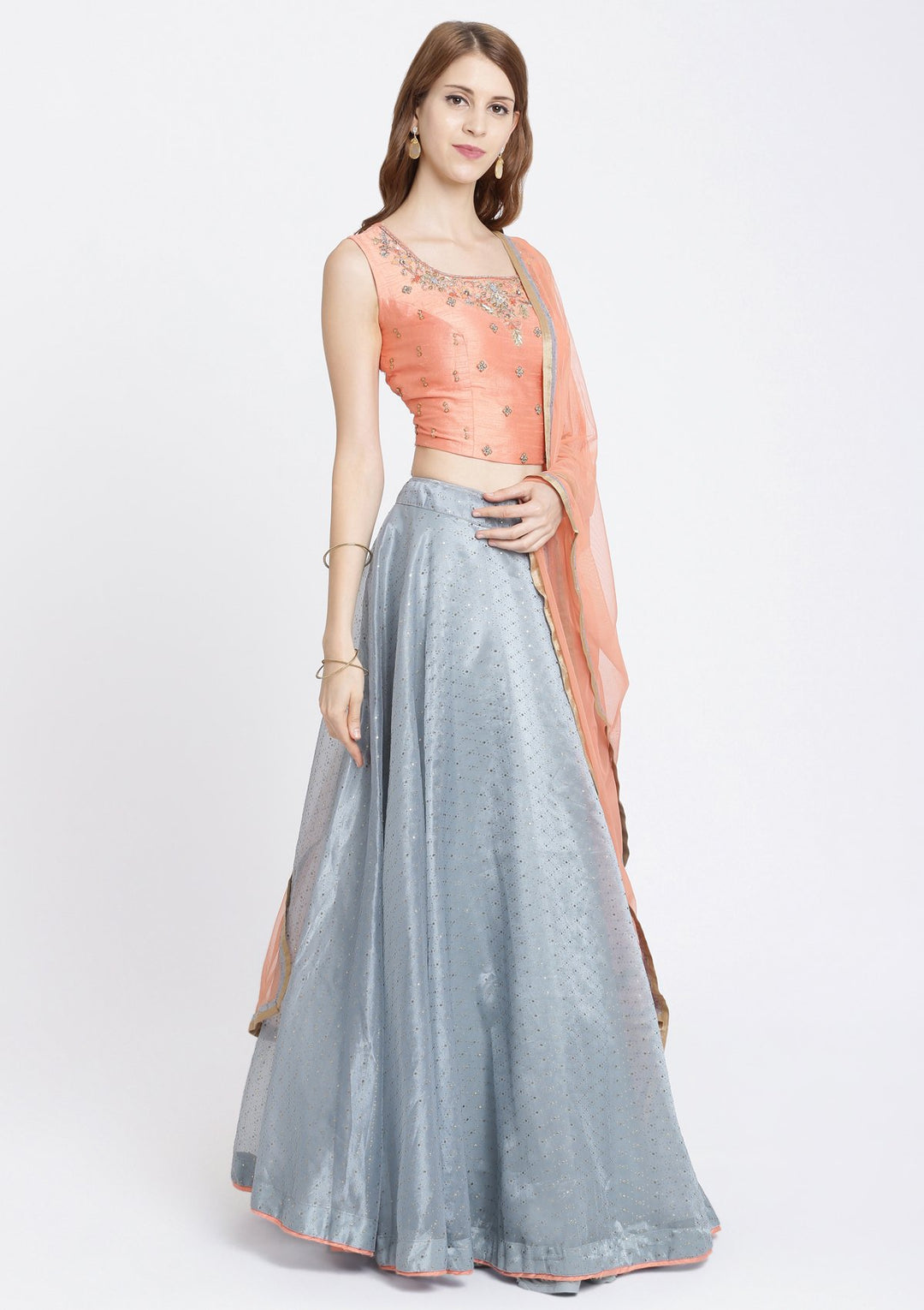 Dark Grey Zardozi Tissue Designer Lehenga-Koskii