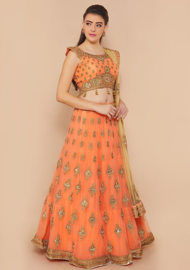 Koskii Zariwork Net PEACH Lehenga-Koskii