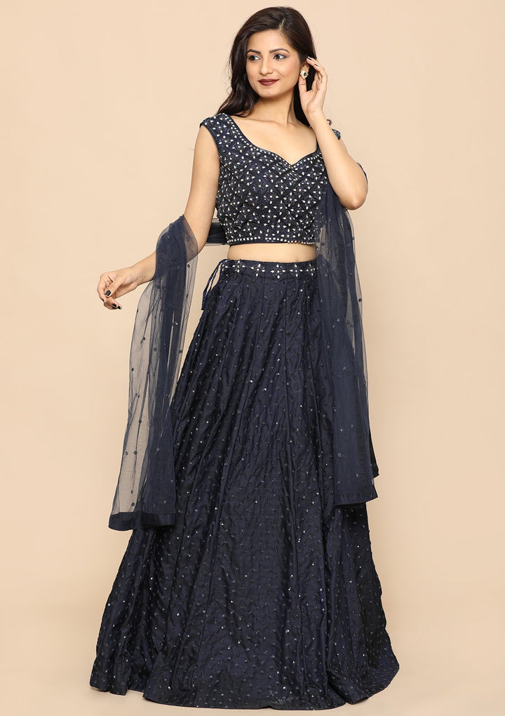 Navy Blue Sequinned Silk Designer Lehenga-Koskii