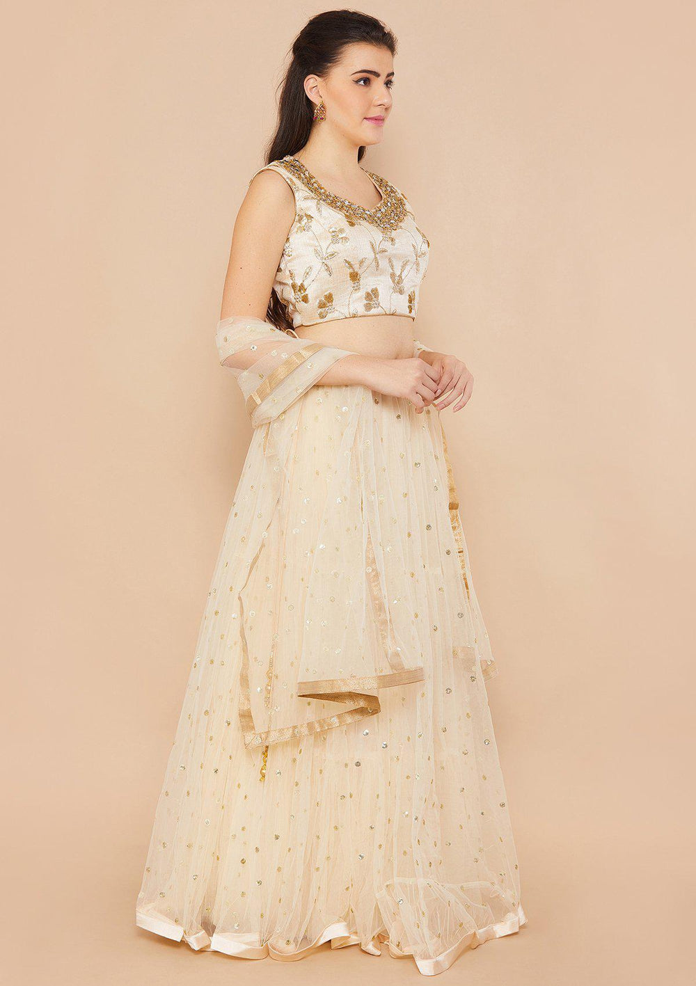 Koskii Mirrorwork Net Cream Lehenga-Koskii