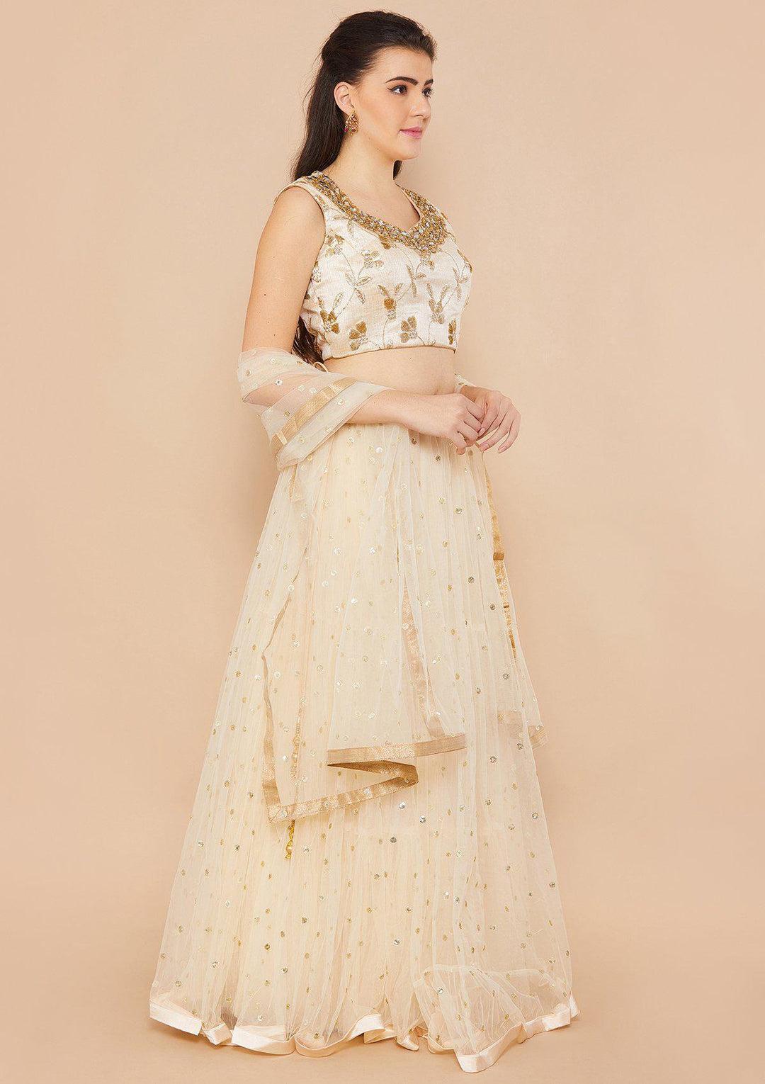 Koskii Mirrorwork Net Cream Lehenga-Koskii