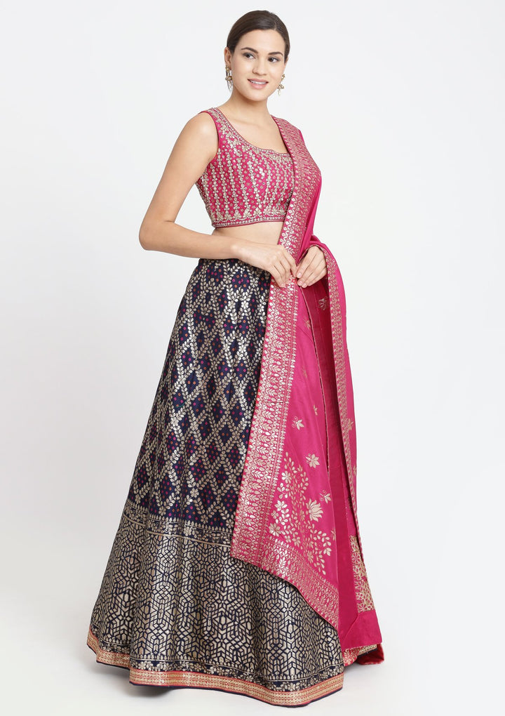 Navy Blue and Fuschia Gotapatti Brocade Designer Lehenga-Koskii