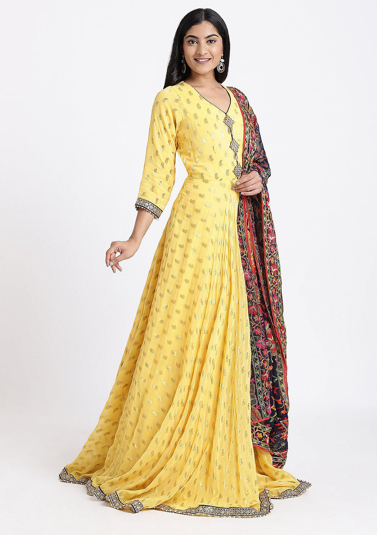 Yellow Zariwork Georgette Designer Gown-Koskii
